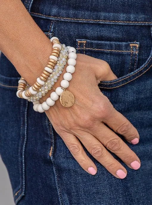 Ivory Gold Three Piece Bracelet Set With Charm