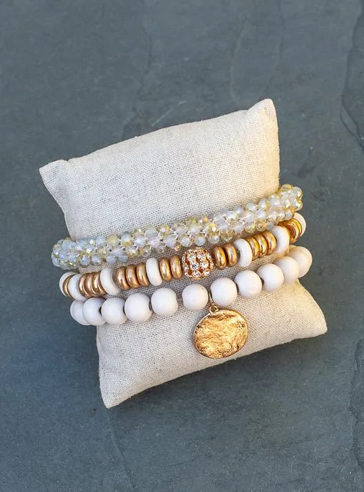 Ivory Gold Three Piece Bracelet Set With Charm