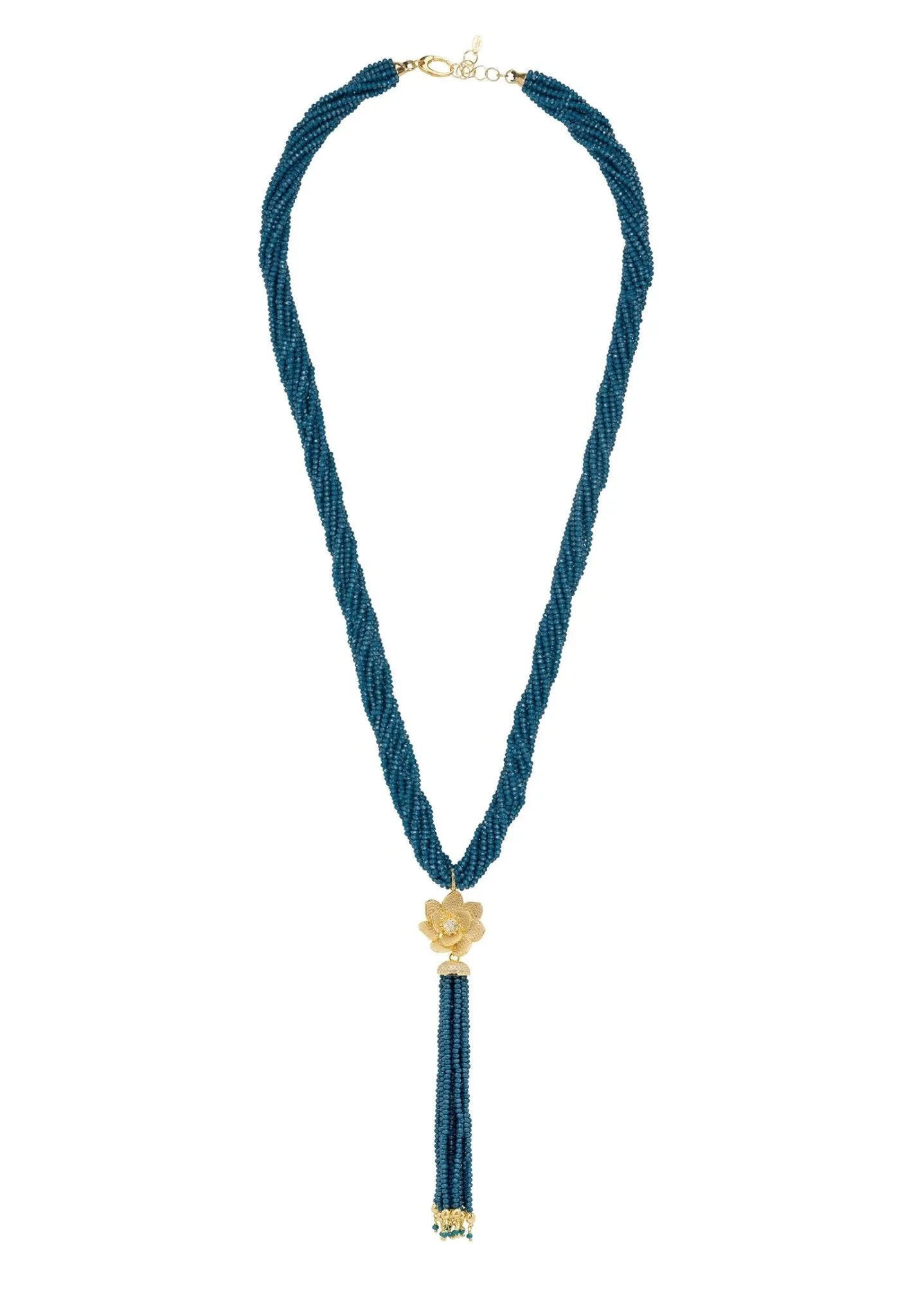 Lotus Flower Tassel Statement Necklace Iolite Blue Gold