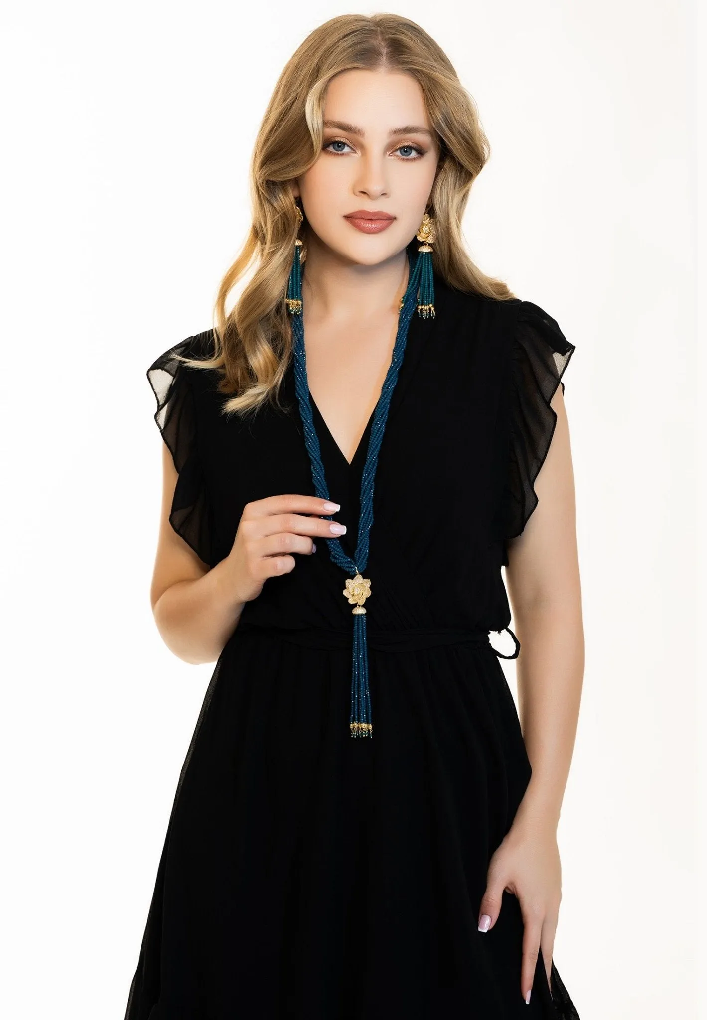 Lotus Flower Tassel Statement Necklace Iolite Blue Gold