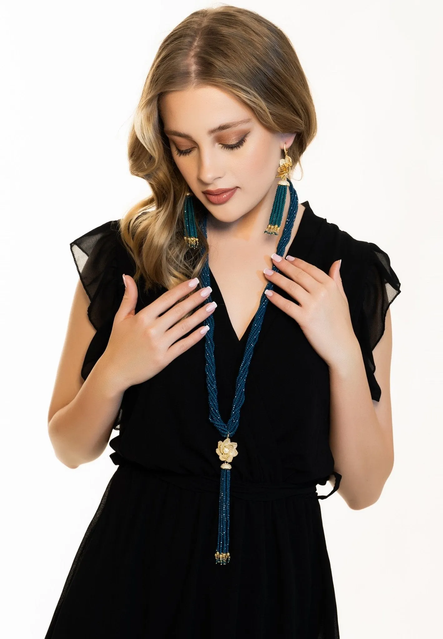 Lotus Flower Tassel Statement Necklace Iolite Blue Gold