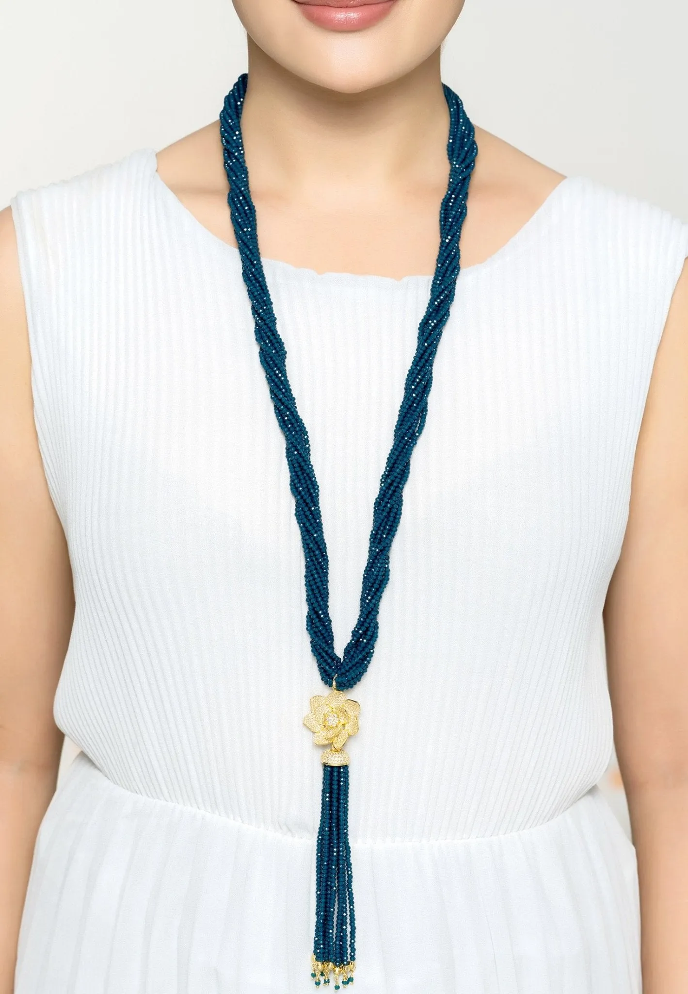 Lotus Flower Tassel Statement Necklace Iolite Blue Gold
