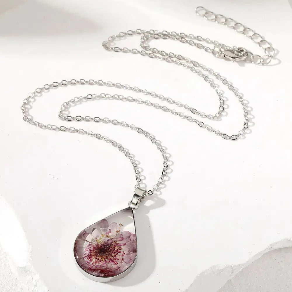 LOVCIA Water Drop-Shaped Dried Colorful Flowers Modern Fashion Necklace for Women