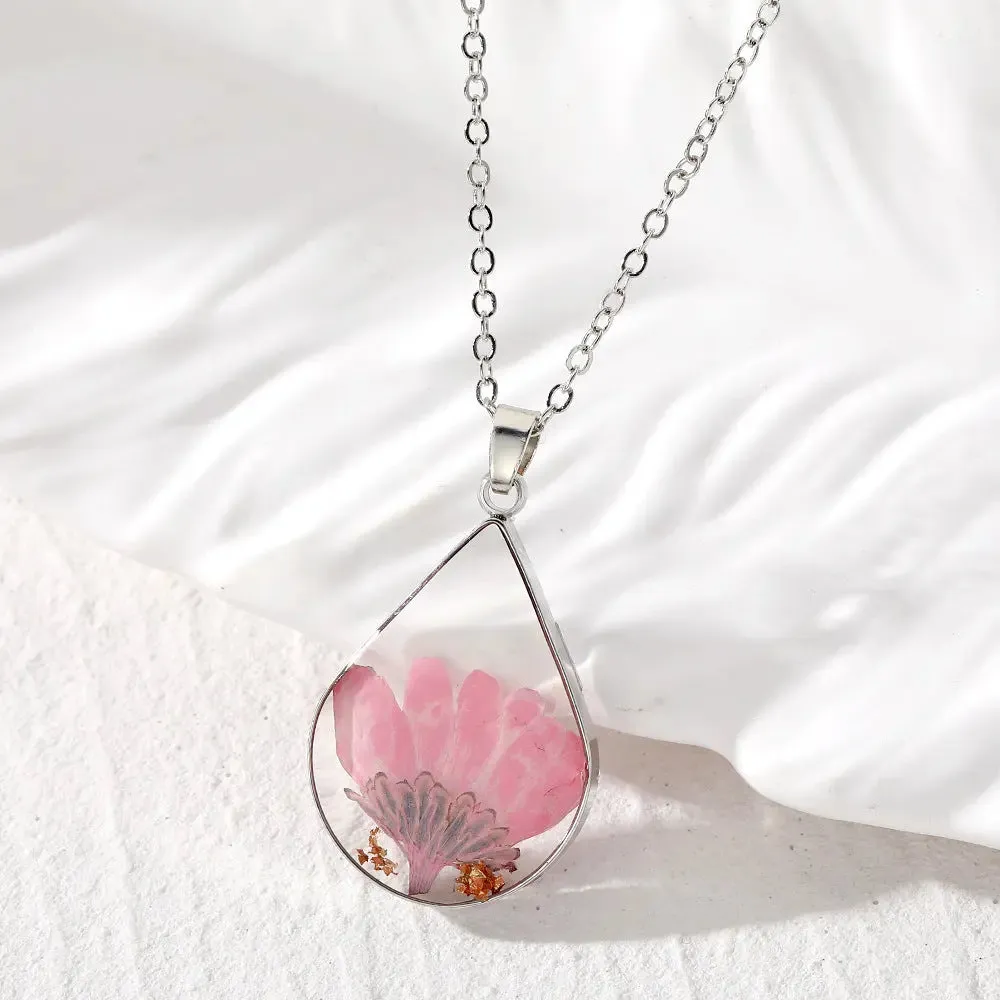 LOVCIA Water Drop-Shaped Dried Colorful Flowers Modern Fashion Necklace for Women