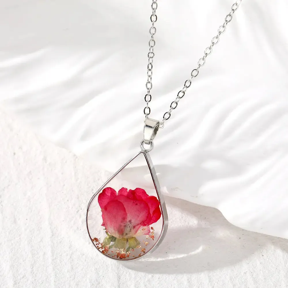 LOVCIA Water Drop-Shaped Dried Colorful Flowers Modern Fashion Necklace for Women