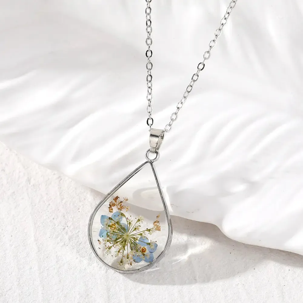LOVCIA Water Drop-Shaped Dried Colorful Flowers Modern Fashion Necklace for Women