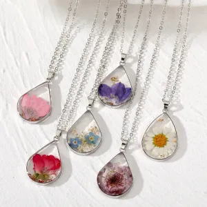 LOVCIA Water Drop-Shaped Dried Colorful Flowers Modern Fashion Necklace for Women