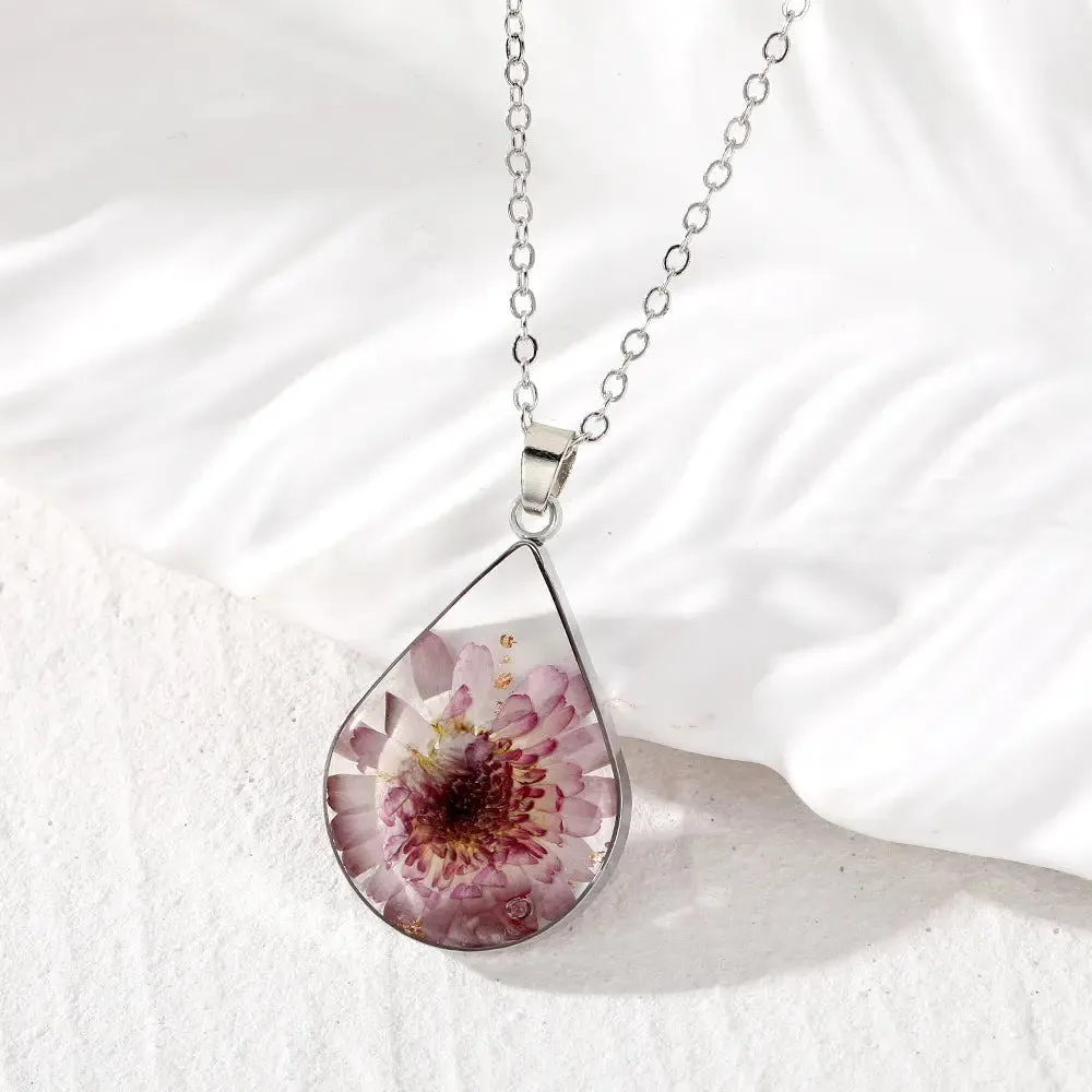 LOVCIA Water Drop-Shaped Dried Colorful Flowers Modern Fashion Necklace for Women