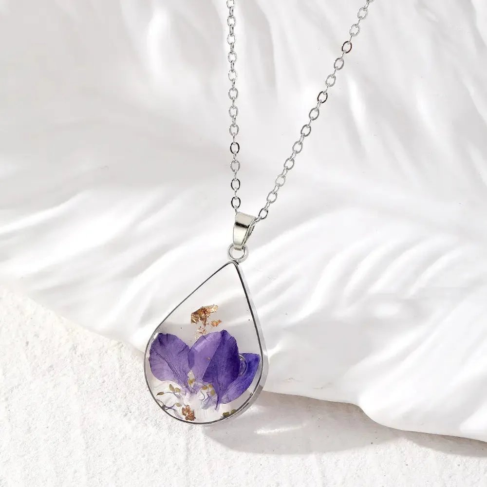 LOVCIA Water Drop-Shaped Dried Colorful Flowers Modern Fashion Necklace for Women