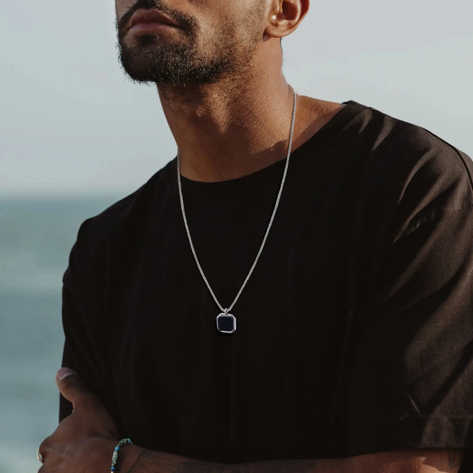 Men Stylish Black Square Stone Pendant Necklaces