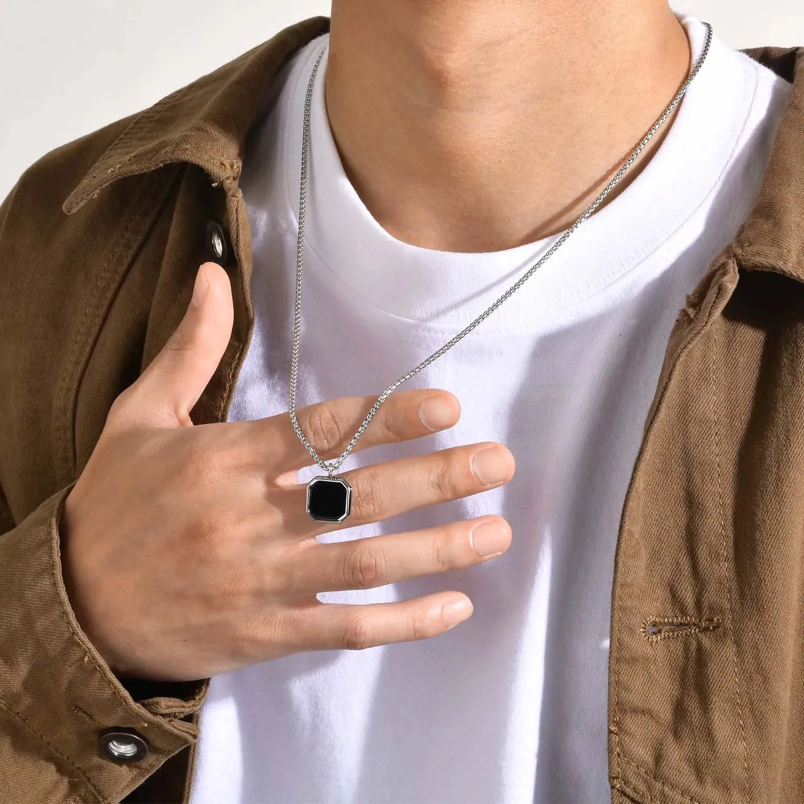 Men Stylish Black Square Stone Pendant Necklaces