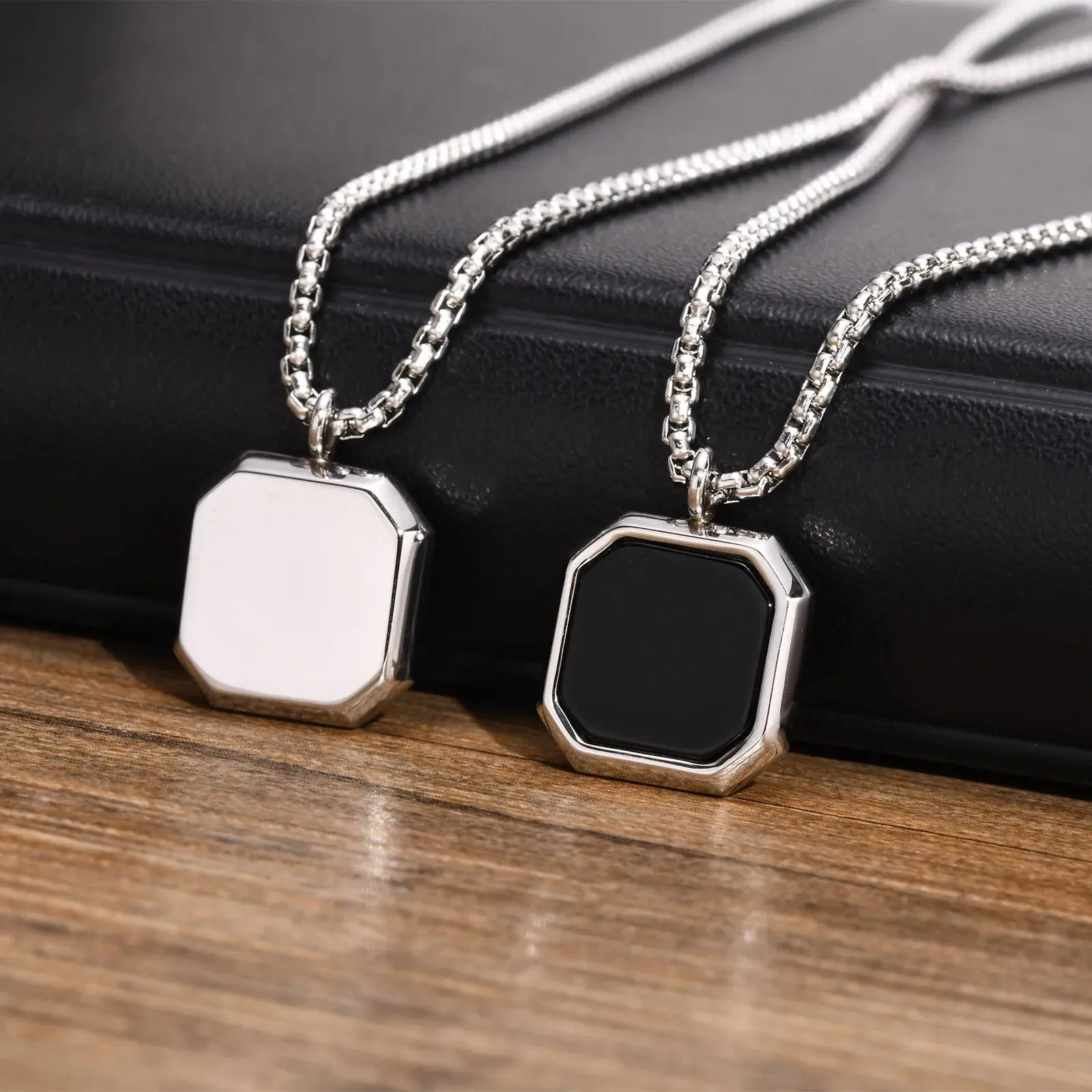 Men Stylish Black Square Stone Pendant Necklaces