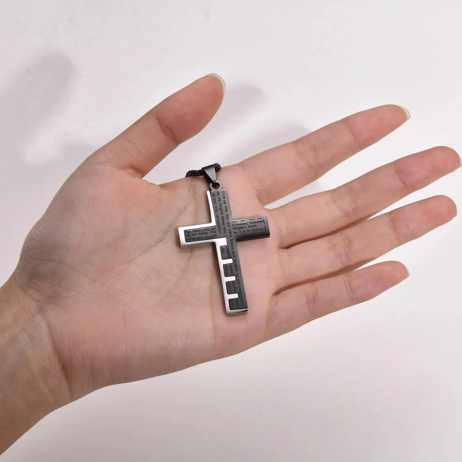 Mens Bible Cross Necklaces,Stylish Splicing Black Silver Color Stainless Steel Pendant Collar