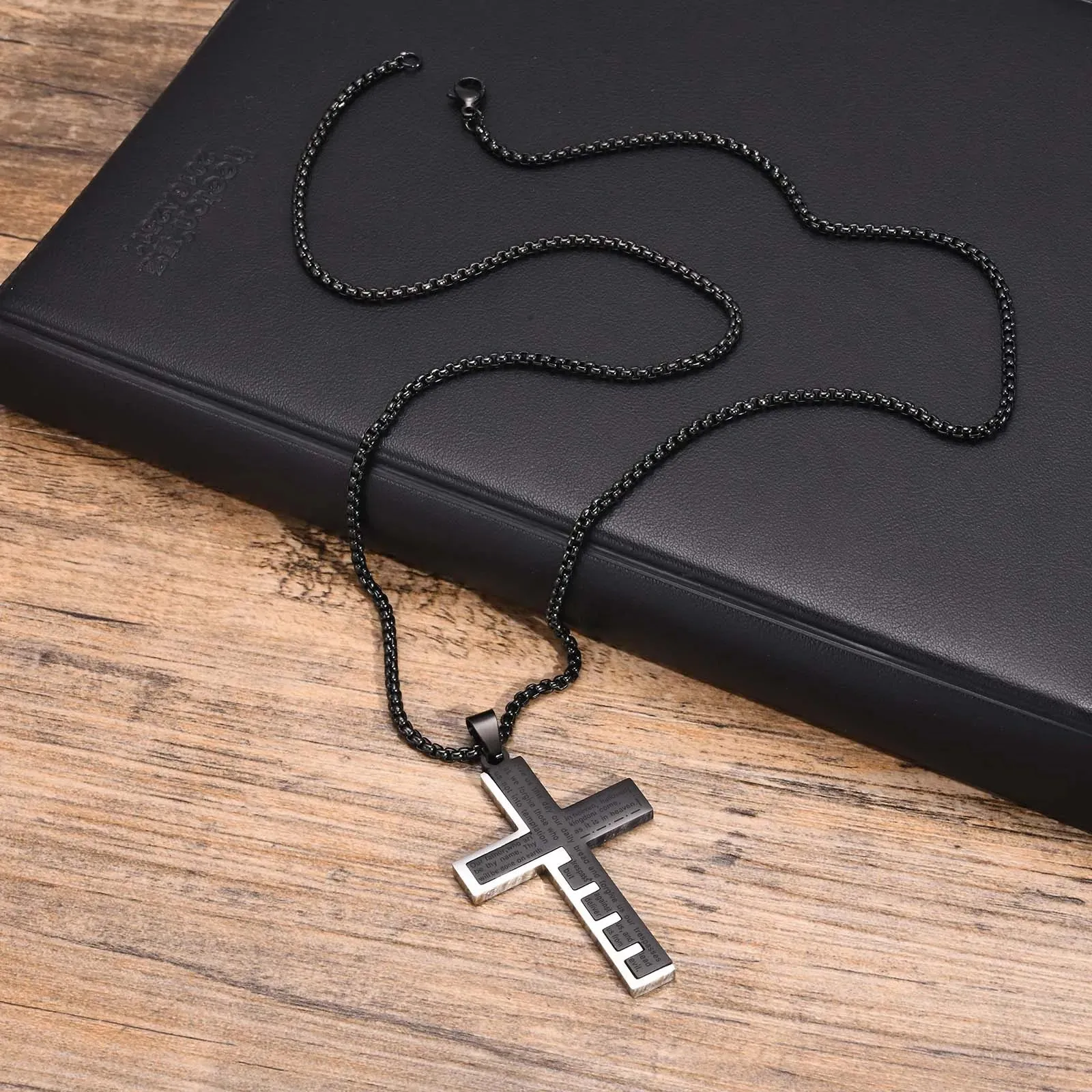 Mens Bible Cross Necklaces,Stylish Splicing Black Silver Color Stainless Steel Pendant Collar