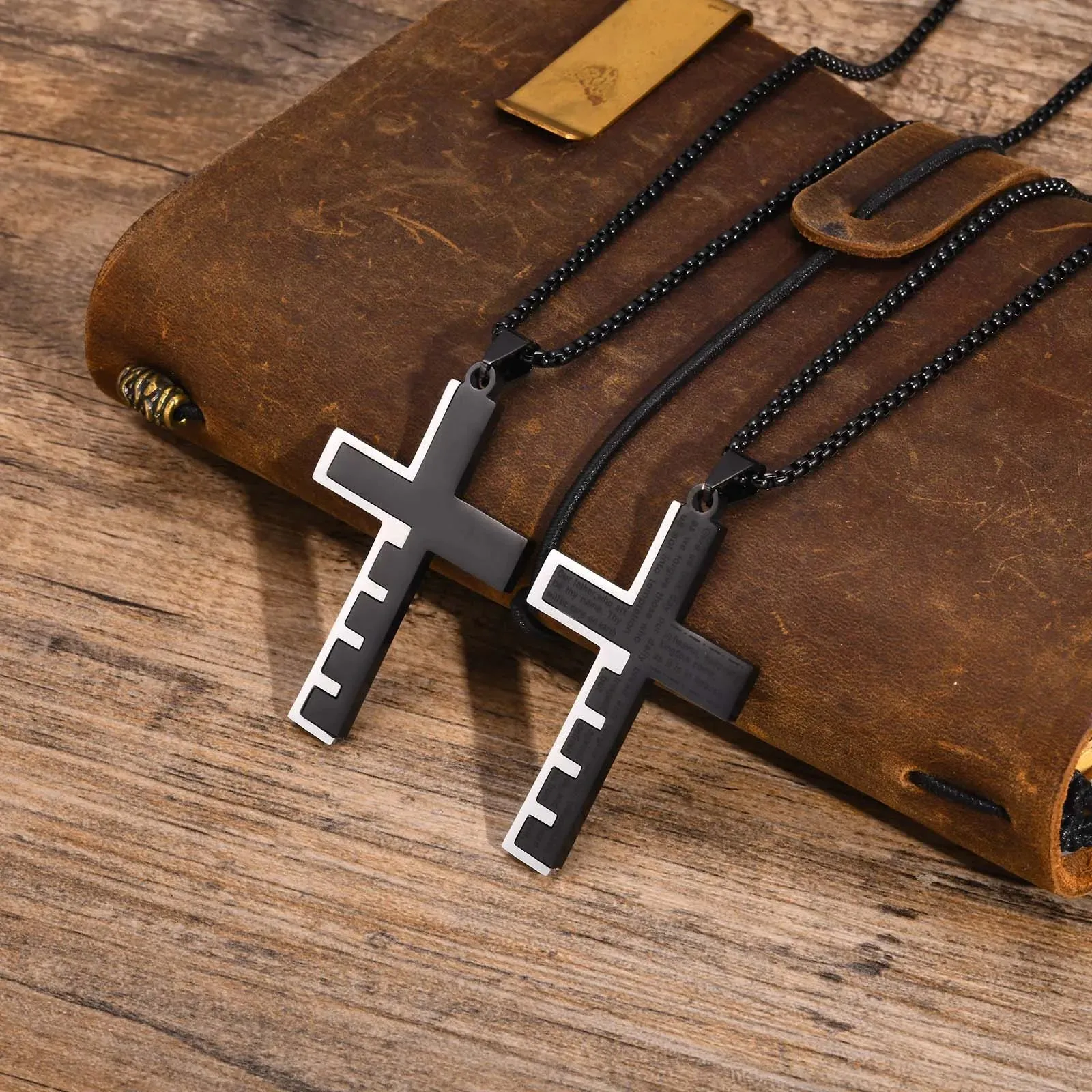 Mens Bible Cross Necklaces,Stylish Splicing Black Silver Color Stainless Steel Pendant Collar