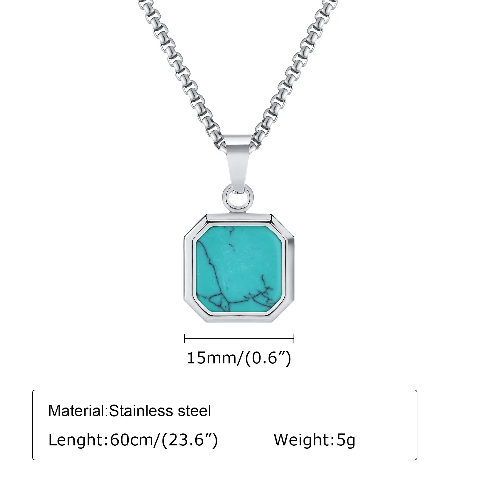 Men's Square Pendant Necklaces 15mm Stainless Steel Stylish Turquoise Geometric Pendant