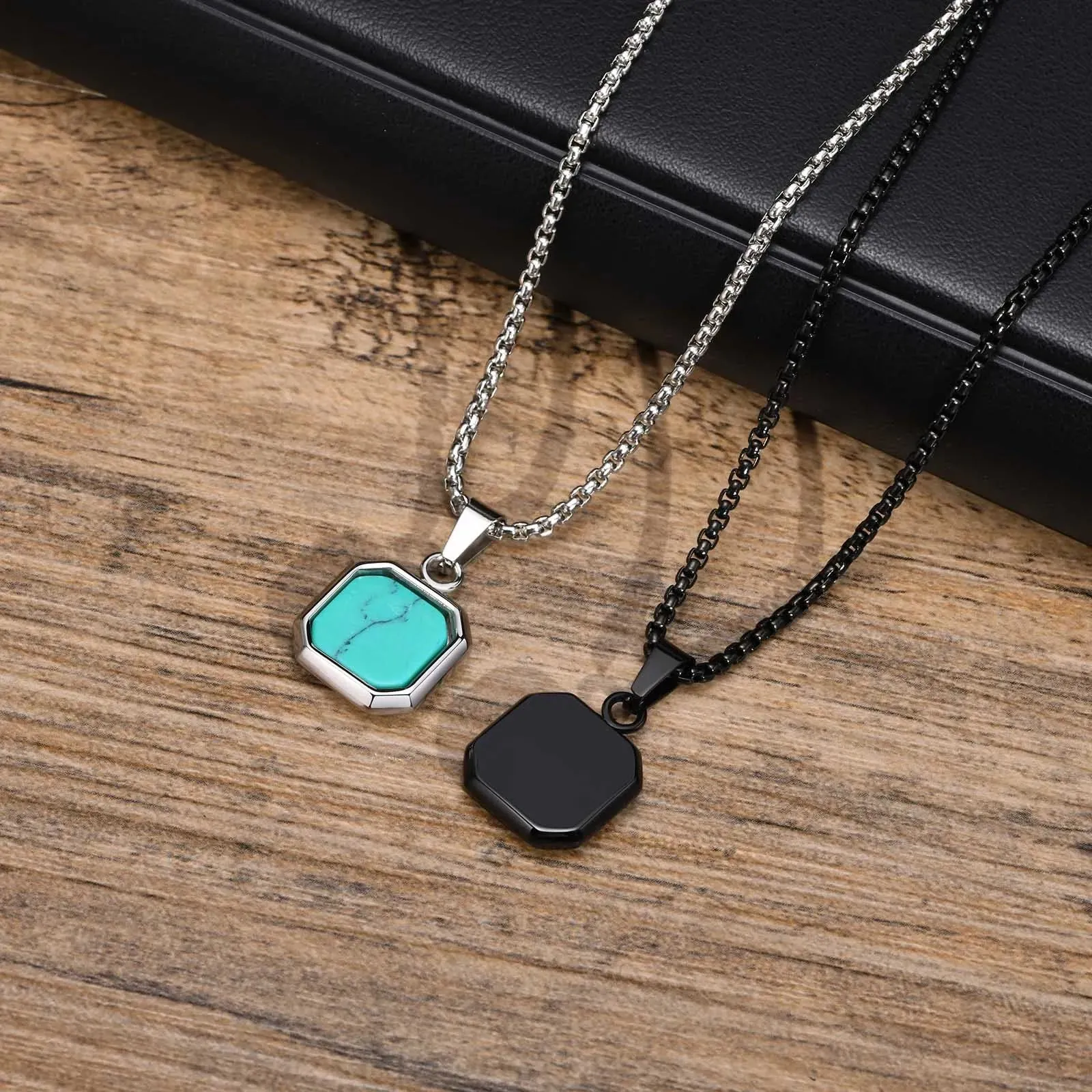 Men's Square Pendant Necklaces 15mm Stainless Steel Stylish Turquoise Geometric Pendant