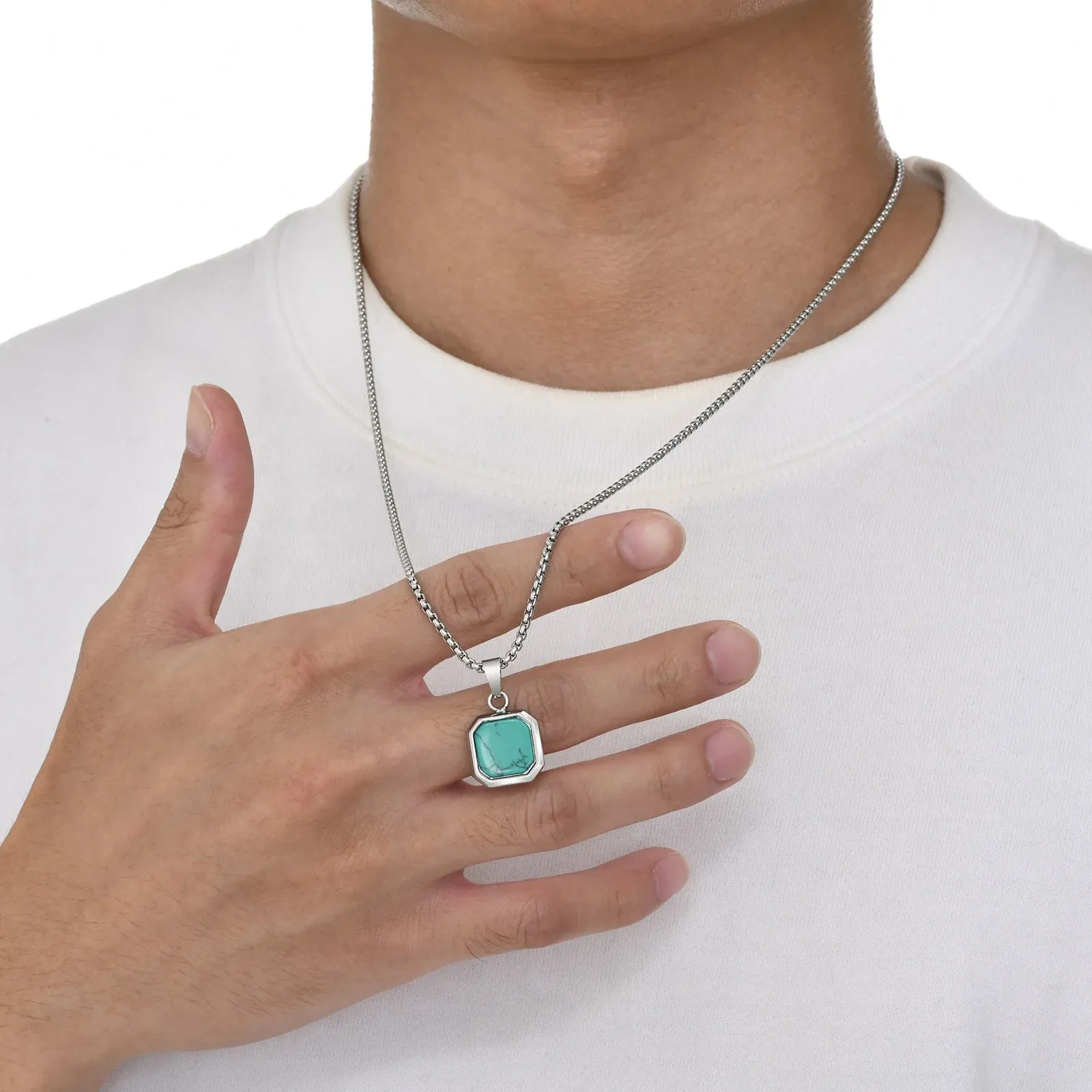 Men's Square Pendant Necklaces 15mm Stainless Steel Stylish Turquoise Geometric Pendant