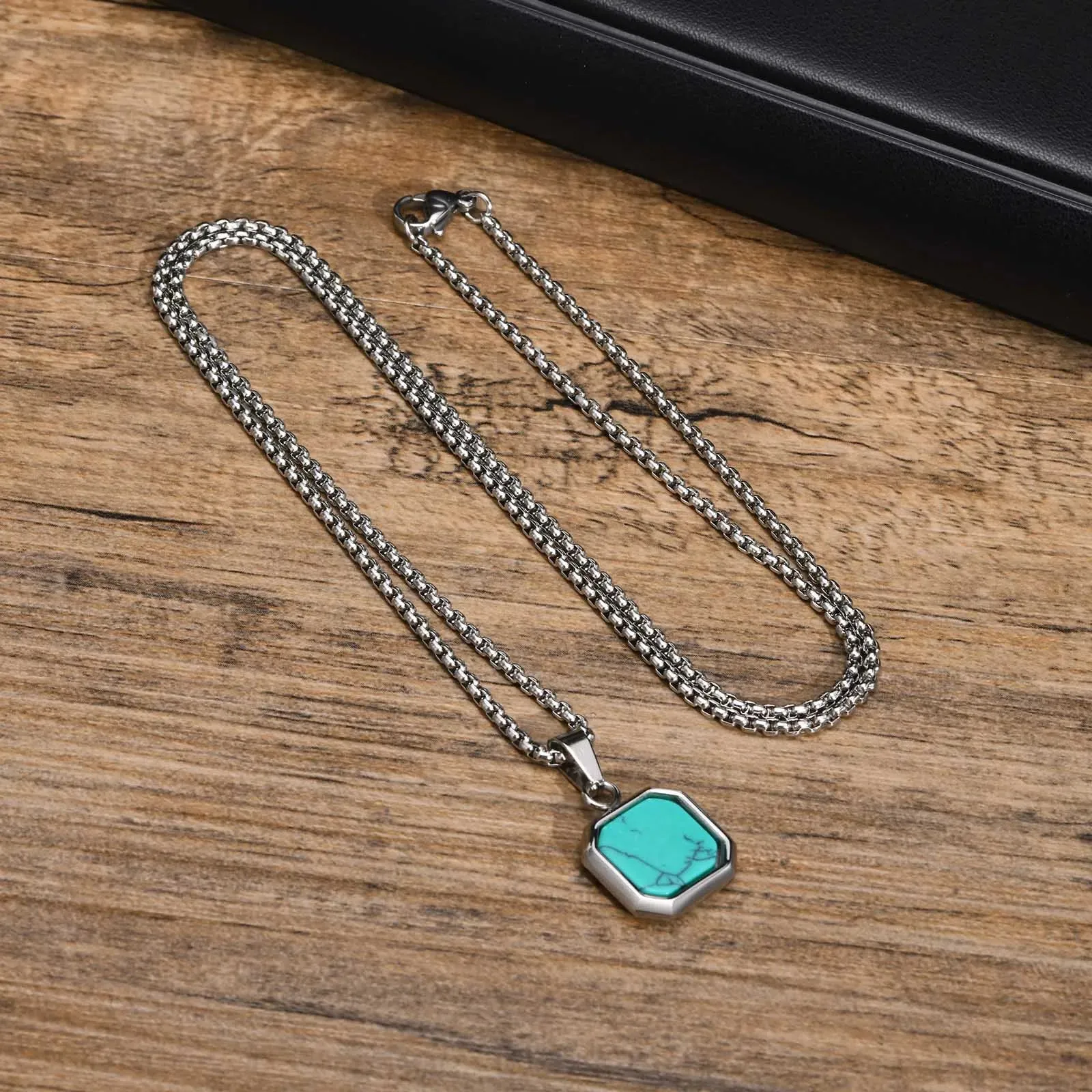 Men's Square Pendant Necklaces 15mm Stainless Steel Stylish Turquoise Geometric Pendant