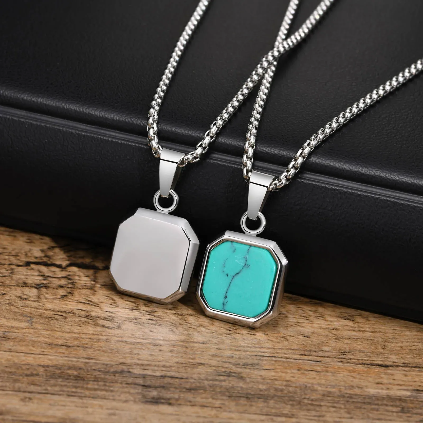 Men's Square Pendant Necklaces 15mm Stainless Steel Stylish Turquoise Geometric Pendant