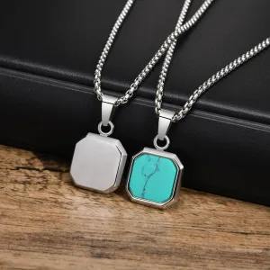 Men's Square Pendant Necklaces 15mm Stainless Steel Stylish Turquoise Geometric Pendant