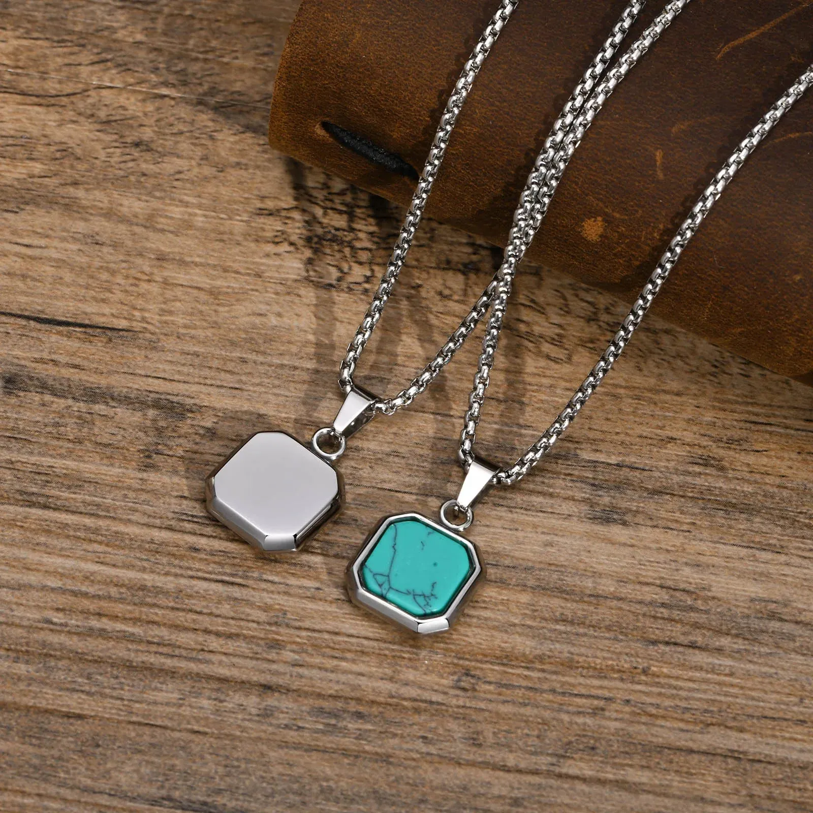 Men's Square Pendant Necklaces 15mm Stainless Steel Stylish Turquoise Geometric Pendant
