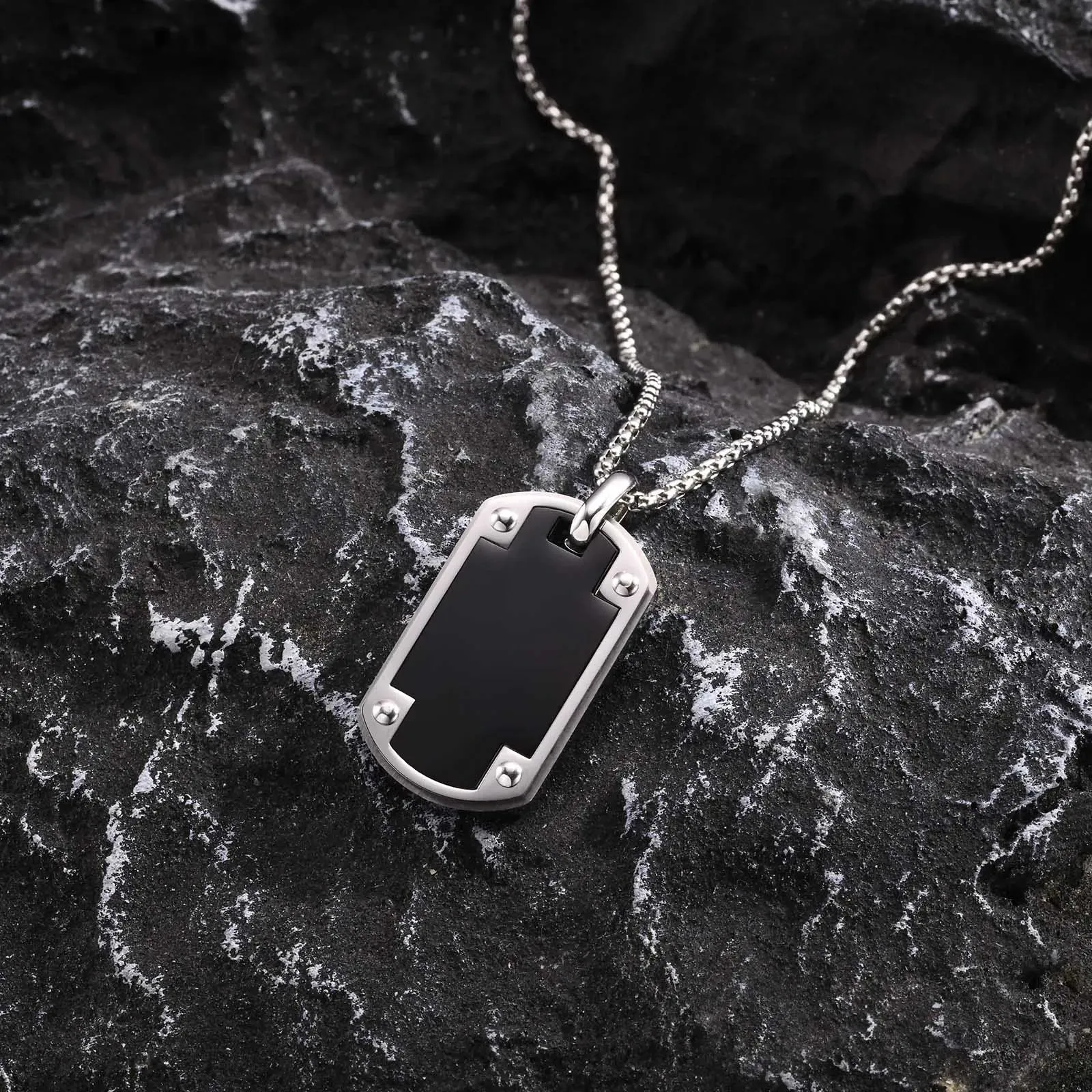 Mens Stylish Dog Tag Necklaces,Black Stainless Steel Square Pendant