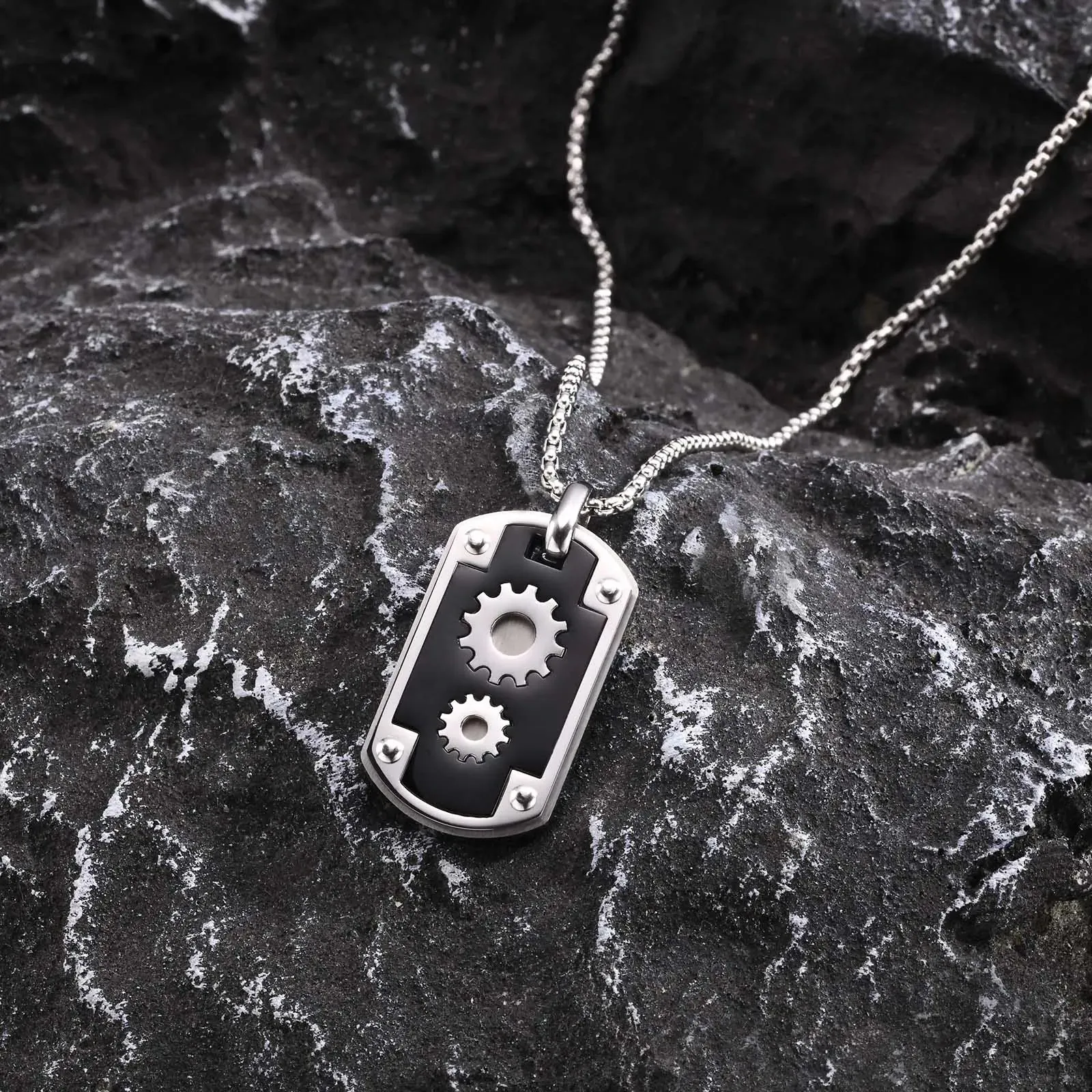 Mens Stylish Dog Tag Necklaces,Black Stainless Steel Square Pendant