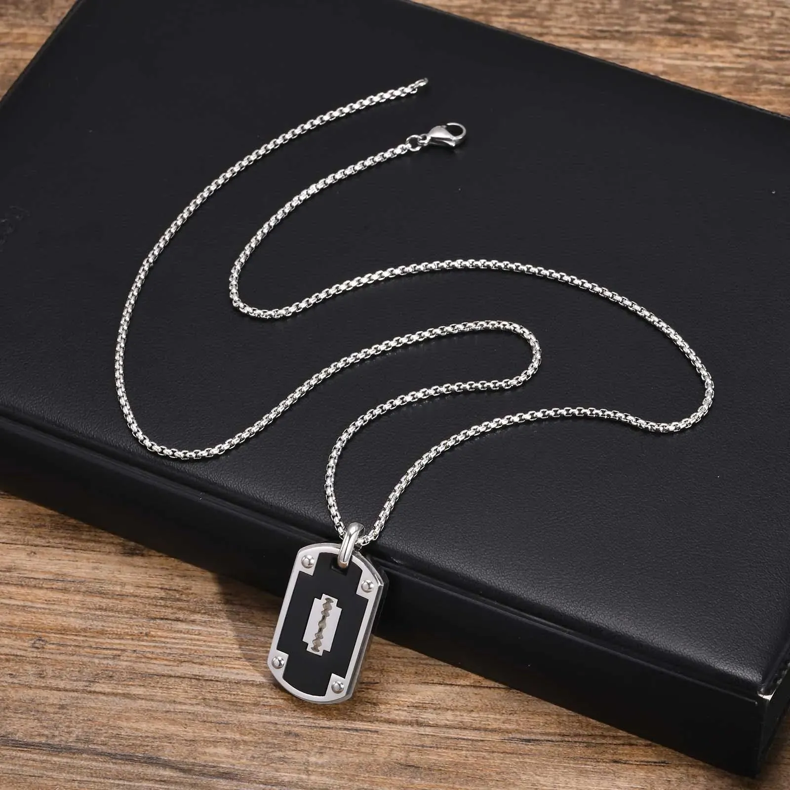 Mens Stylish Dog Tag Necklaces,Black Stainless Steel Square Pendant