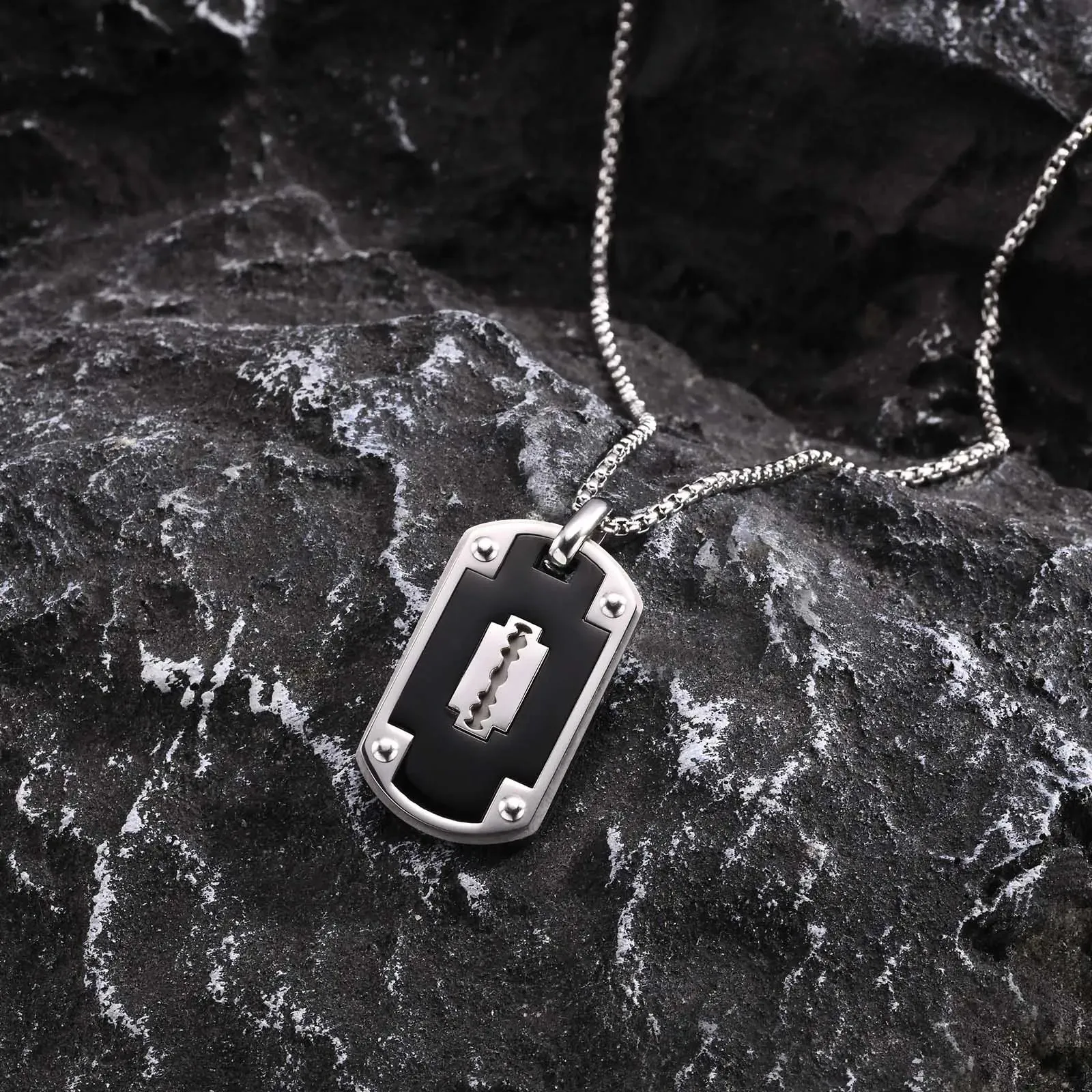 Mens Stylish Dog Tag Necklaces,Black Stainless Steel Square Pendant