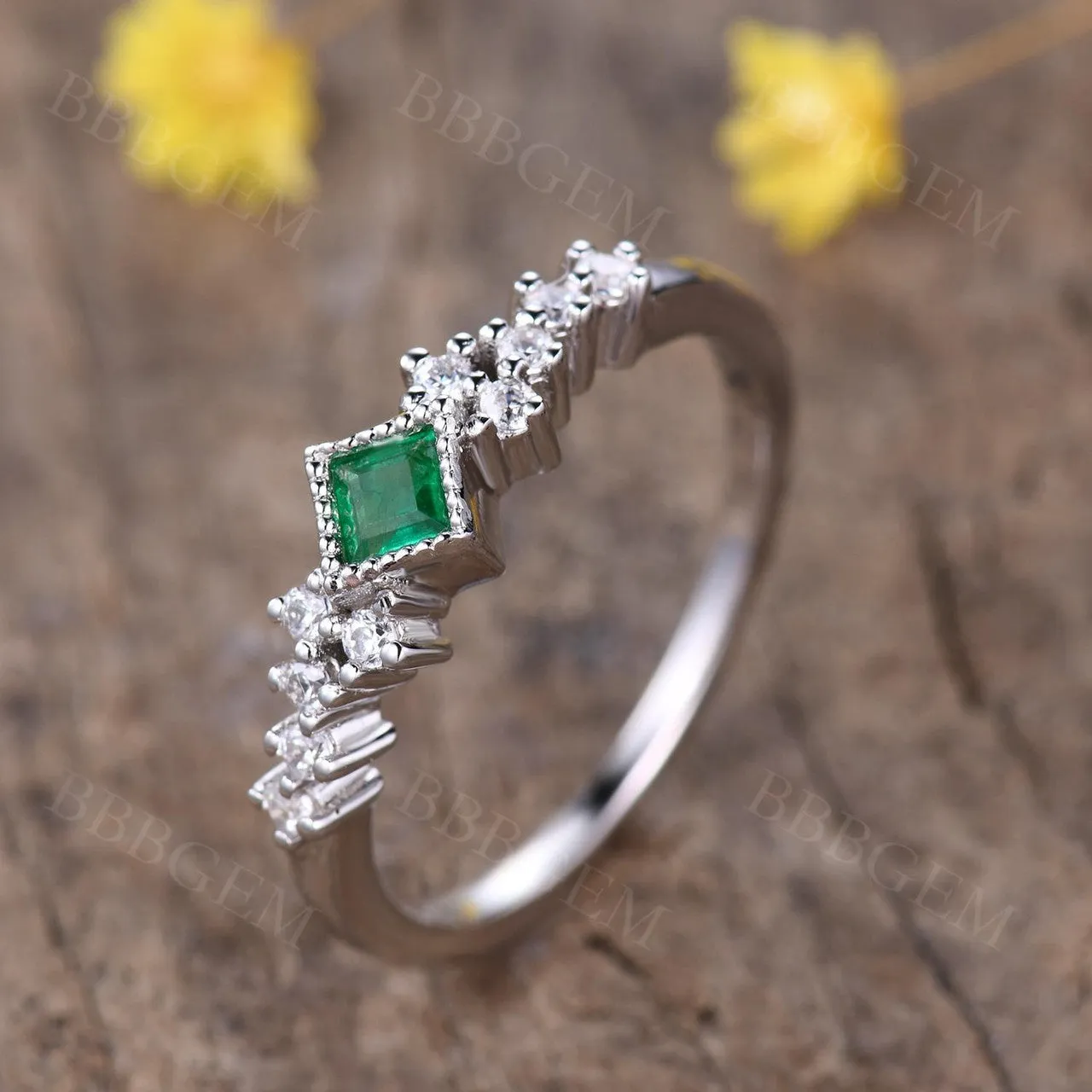 Mini Square Cut Emeral Ring Women 3.5mm Natural Emerald Jewelry White Gold Daily Ring