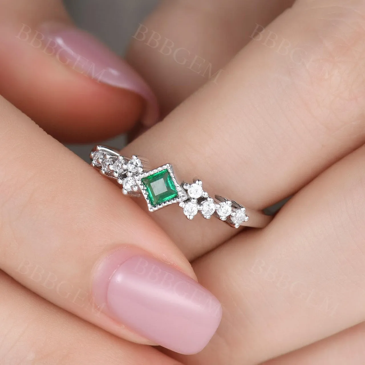 Mini Square Cut Emeral Ring Women 3.5mm Natural Emerald Jewelry White Gold Daily Ring