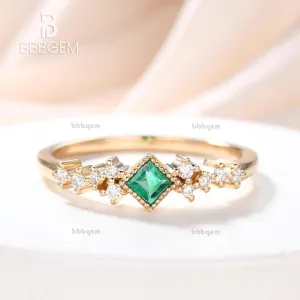 Mini Square Cut Emeral Ring Women 3.5mm Natural Emerald Jewelry White Gold Daily Ring