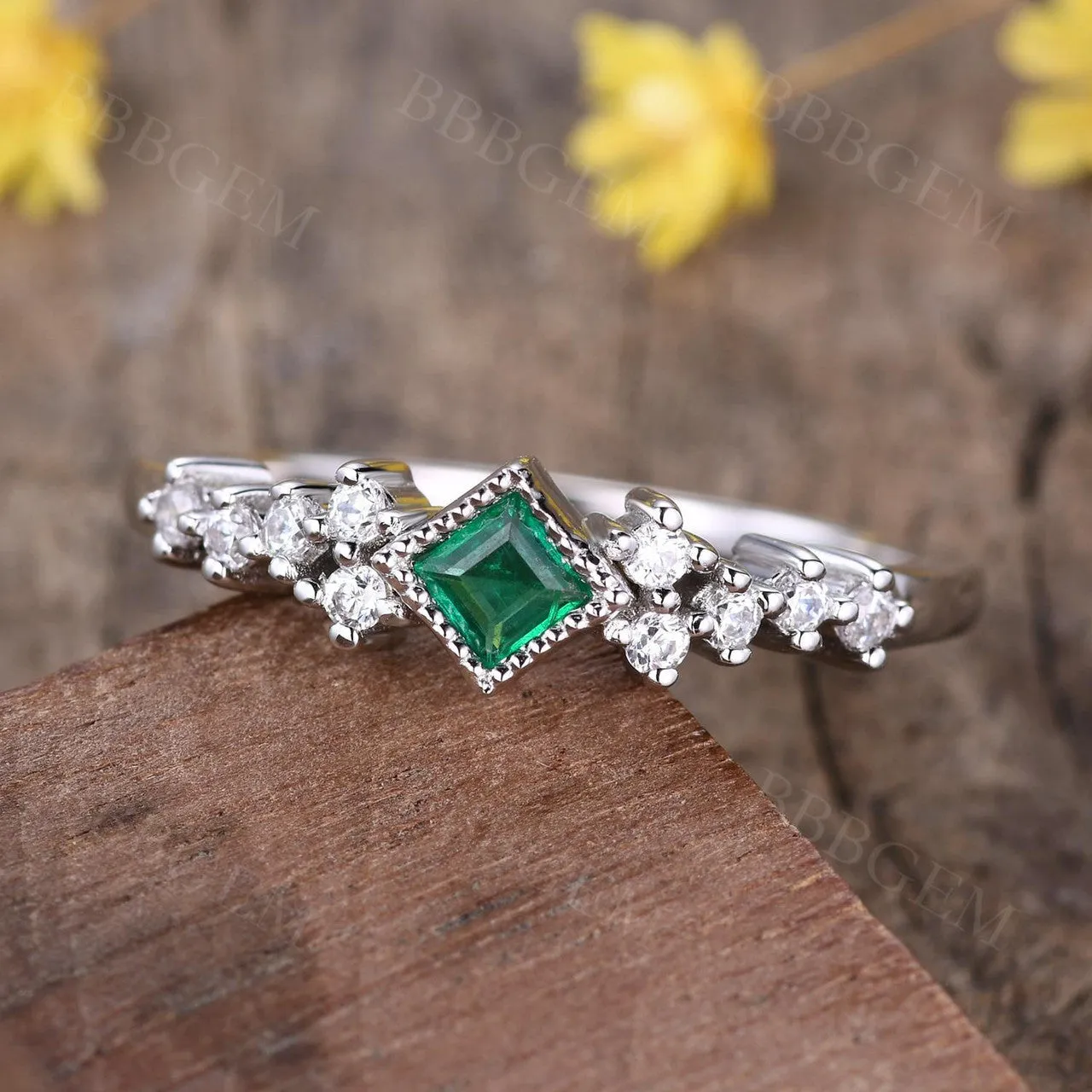 Mini Square Cut Emeral Ring Women 3.5mm Natural Emerald Jewelry White Gold Daily Ring