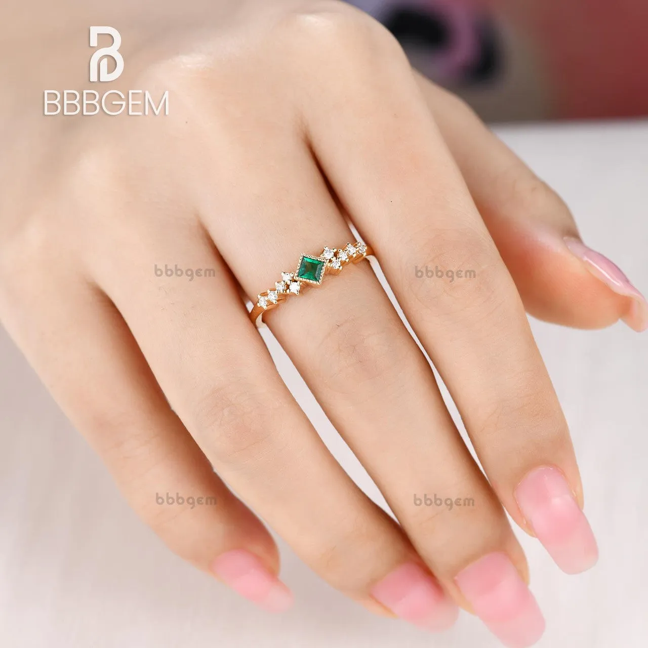 Mini Square Cut Emeral Ring Women 3.5mm Natural Emerald Jewelry White Gold Daily Ring