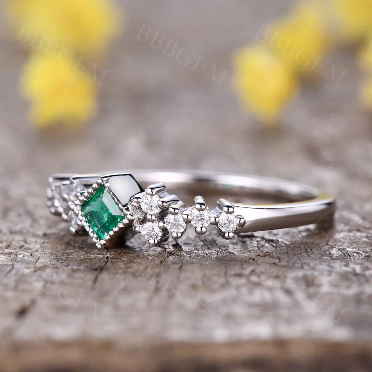 Mini Square Cut Emeral Ring Women 3.5mm Natural Emerald Jewelry White Gold Daily Ring