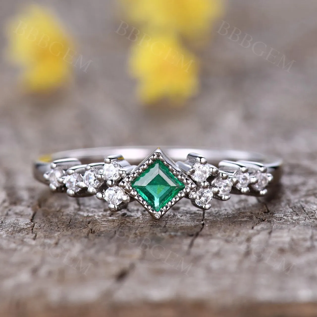 Mini Square Cut Emeral Ring Women 3.5mm Natural Emerald Jewelry White Gold Daily Ring