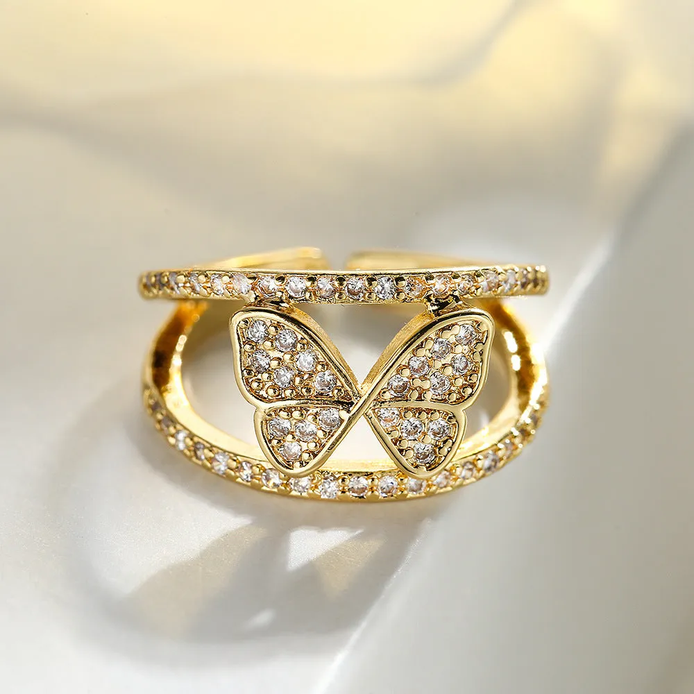 Minimalist Women Butterfly Geometric Copper Inlay Rings