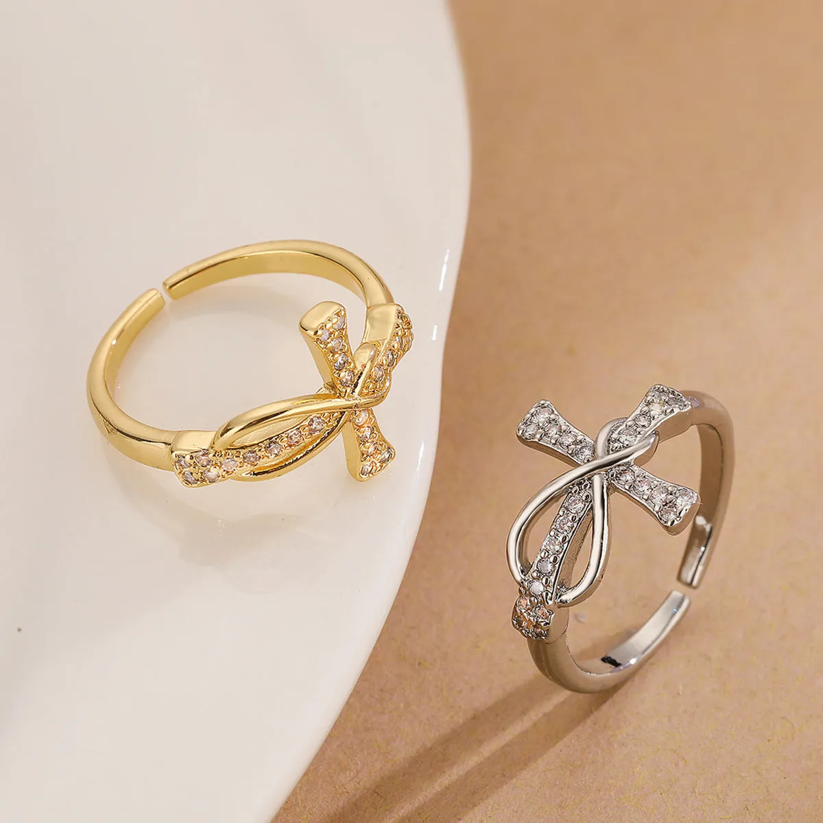 Minimalist Women Cross Geometric Copper Inlay Rings