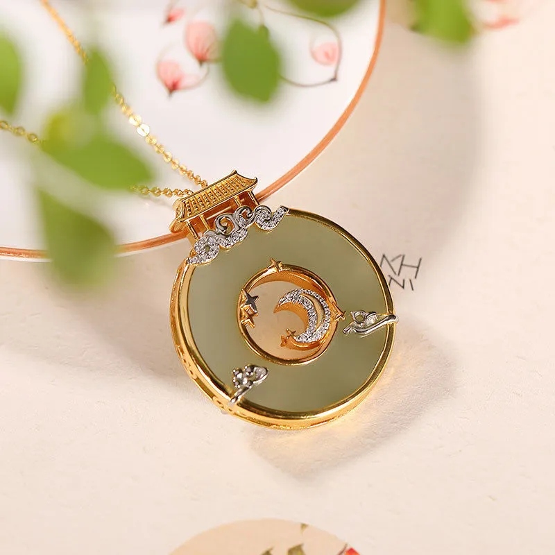 Natural Hetian Jade Jasper Inlaid Crystal Shining Palace Pendant Necklace