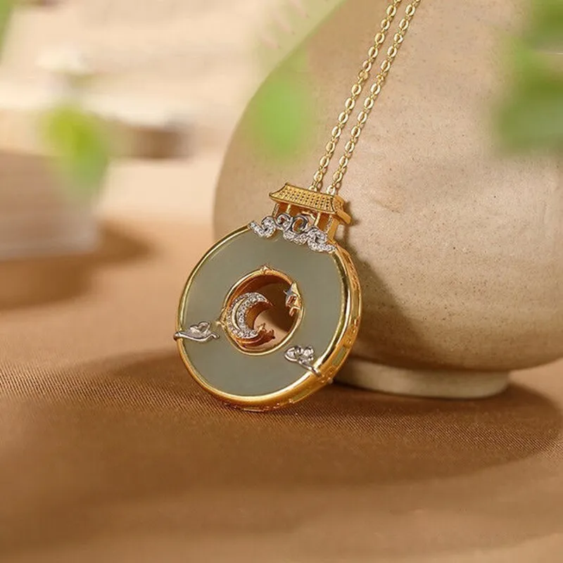 Natural Hetian Jade Jasper Inlaid Crystal Shining Palace Pendant Necklace