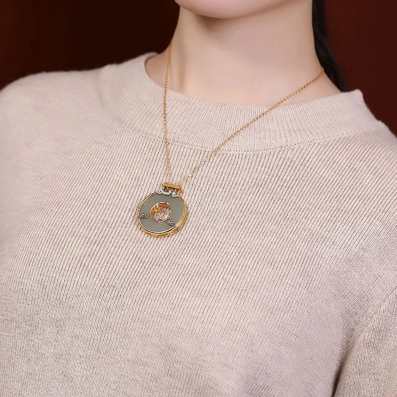Natural Hetian Jade Jasper Inlaid Crystal Shining Palace Pendant Necklace