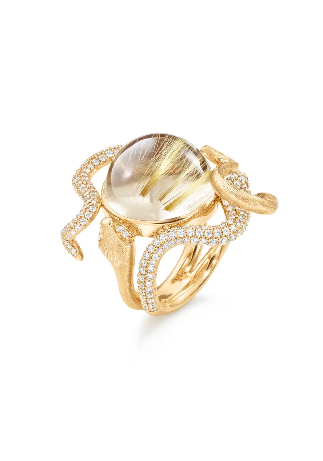 Ole Lynggaard Snakes 18KYG Pavé Diamond & Rutile Quartz Snake Ring