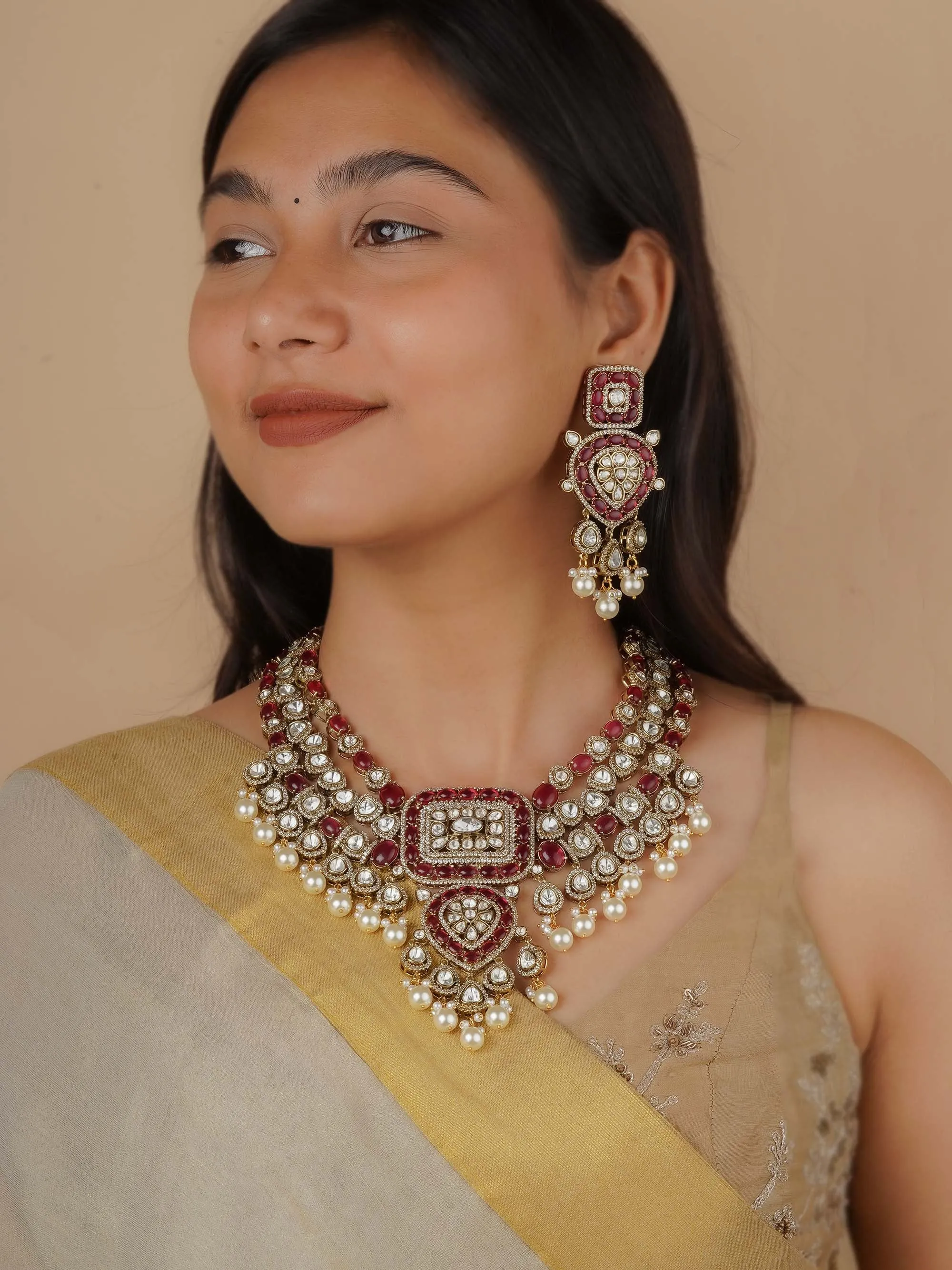 Pink Color Faux Polki Necklace Set - PK-S176P