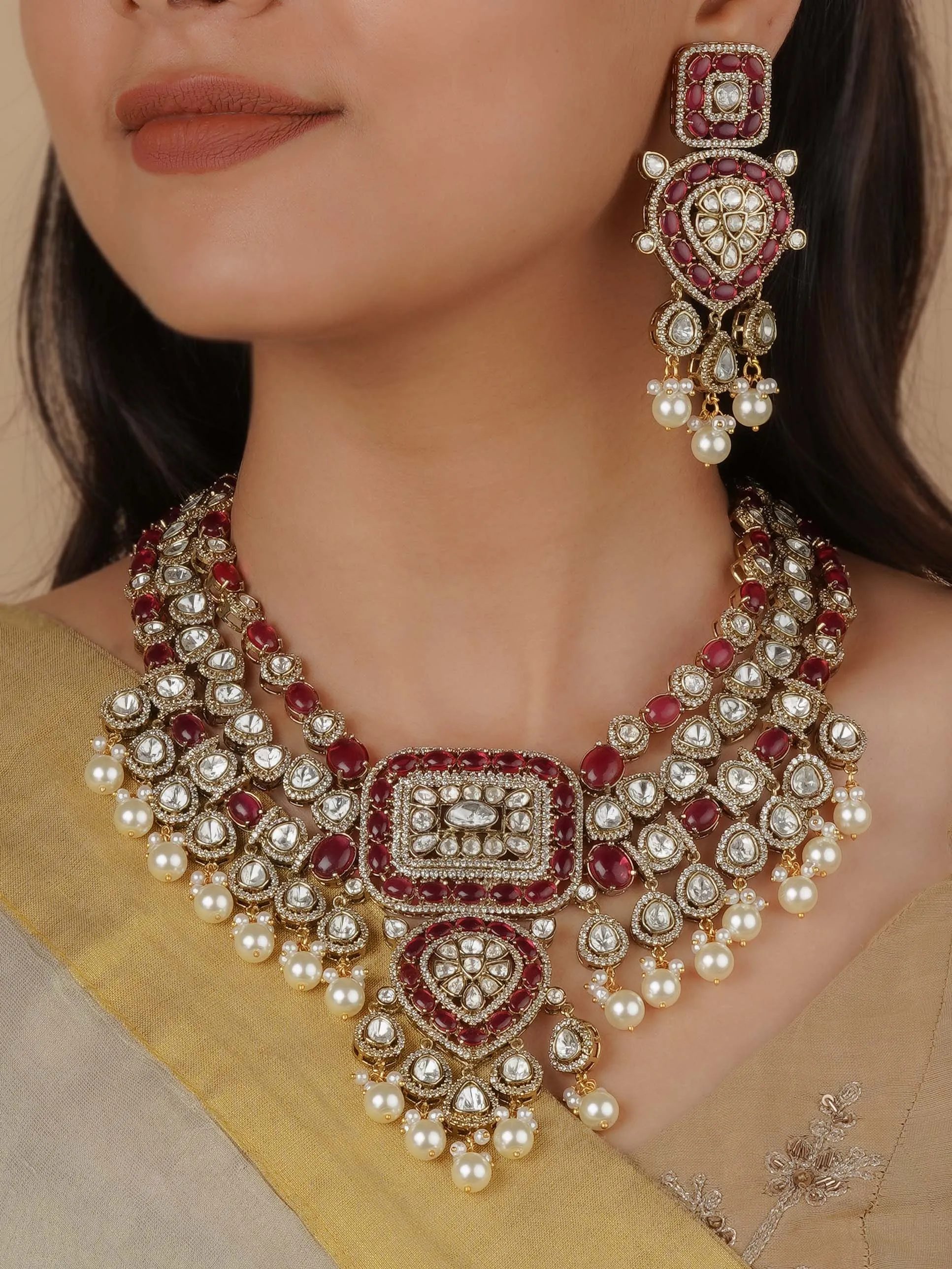 Pink Color Faux Polki Necklace Set - PK-S176P