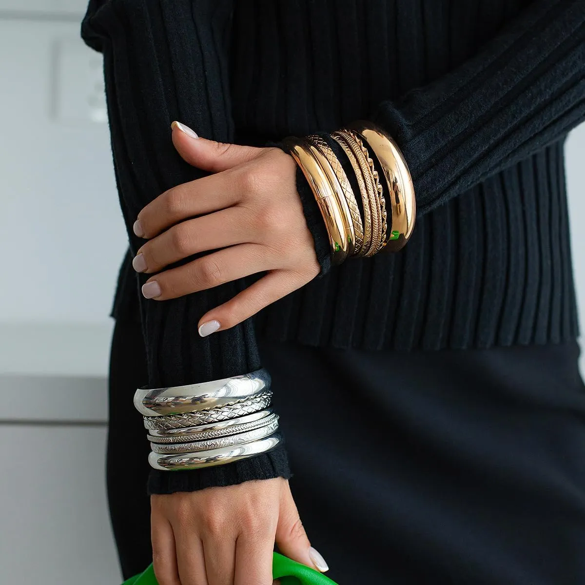 Punk Metal Bangle Bracelets Set Chunky Wide Bracelets Carved Bangles Stackable Dainty Gold Bracelet Exaggerative Plain Textured Bangle Accessories for Women