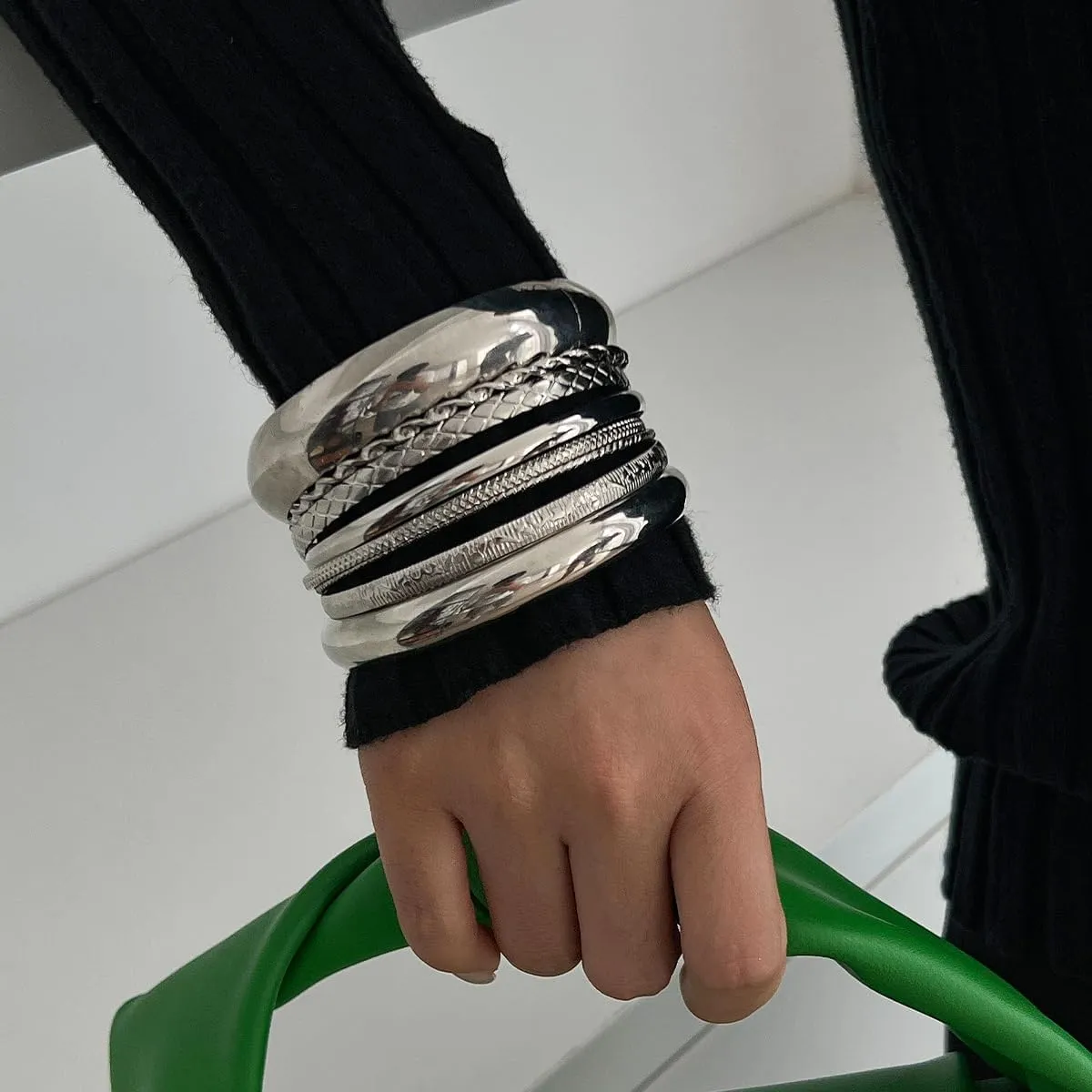 Punk Metal Bangle Bracelets Set Chunky Wide Bracelets Carved Bangles Stackable Dainty Gold Bracelet Exaggerative Plain Textured Bangle Accessories for Women