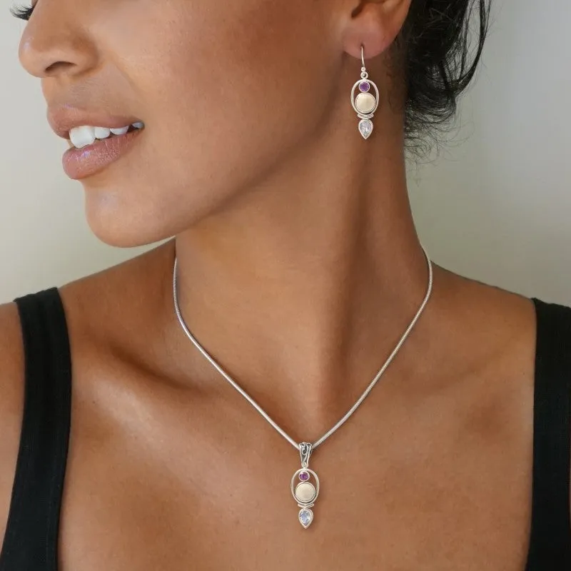 "Finding Balance" Fossilized Mammoth Ivory, Amethyst, Moonstone and Sterling Silver Earrings