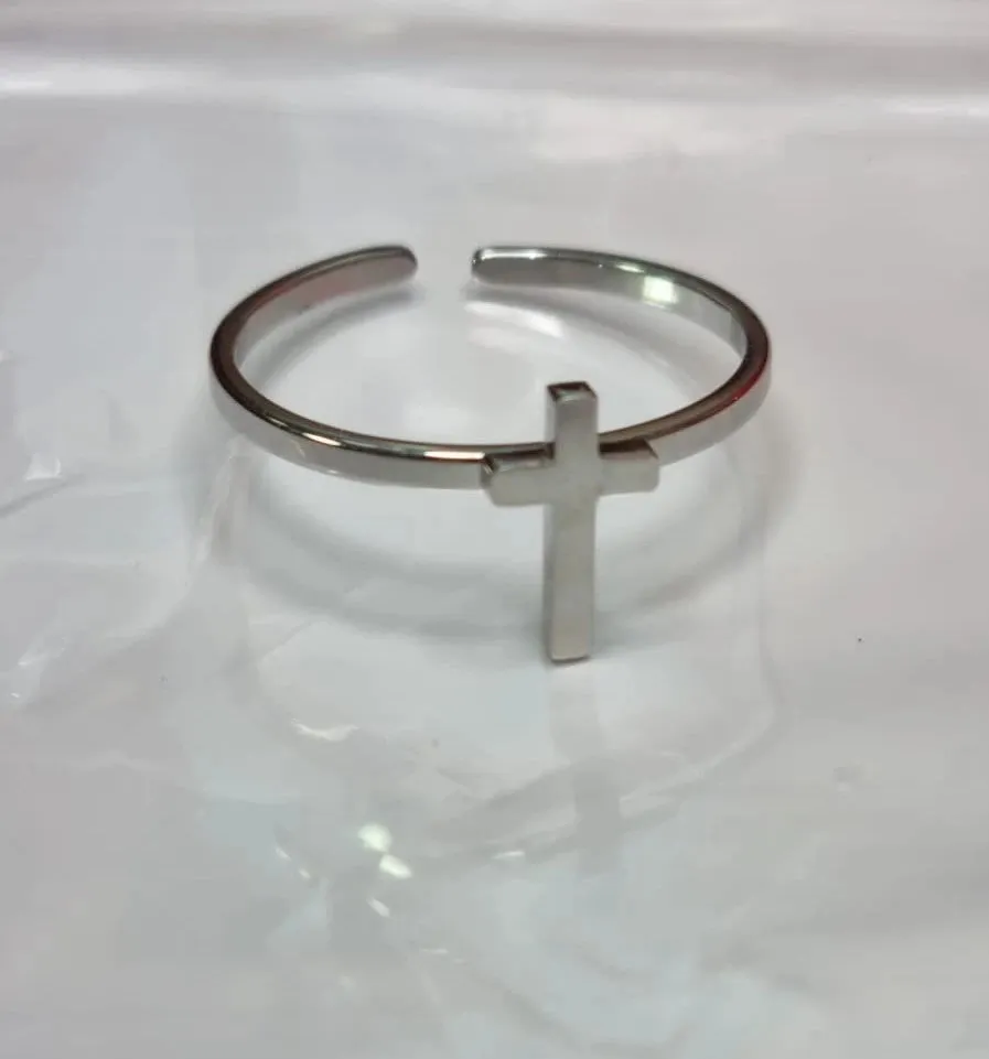 Religious Couple Rings Set | Adjustable Cross Ring | Silver Sideway Cross Promise Ring