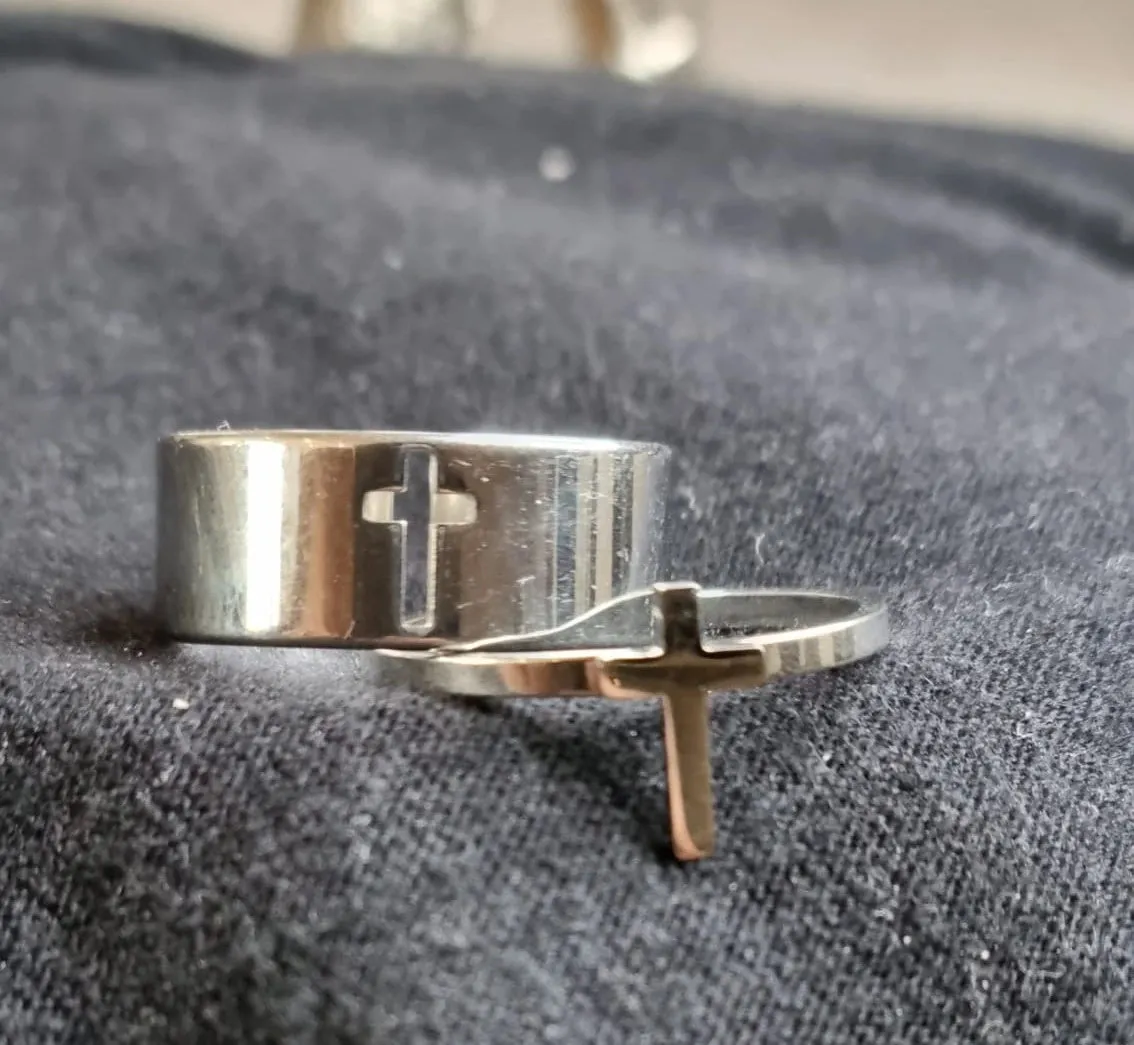 Religious Couple Rings Set | Adjustable Cross Ring | Silver Sideway Cross Promise Ring